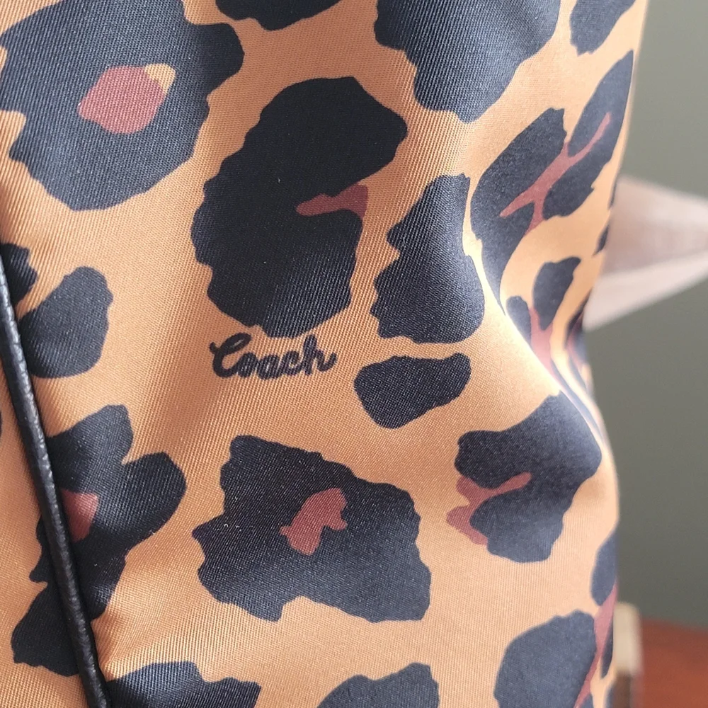 Coach C5668 Court Leopard Print Nylon Tote Pebbled Leather Black Tan Bag